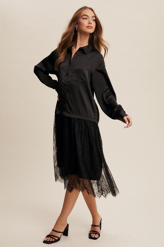 Button Down Lace Tunic - Black