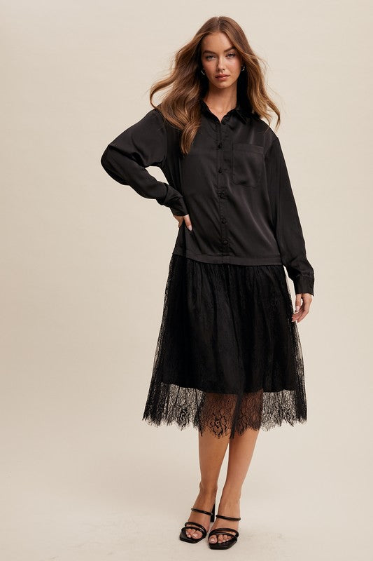 Button Down Lace Tunic - Black