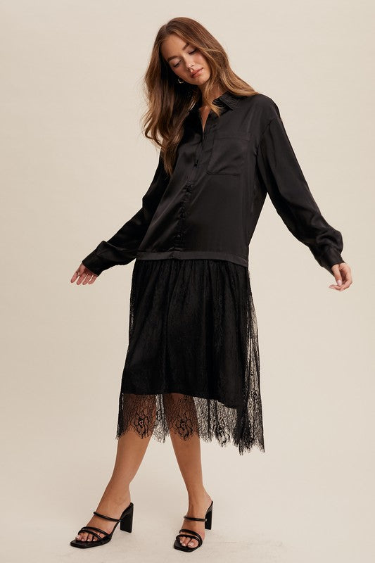 Button Down Lace Tunic - Black