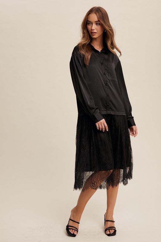 Button Down Lace Tunic - Black