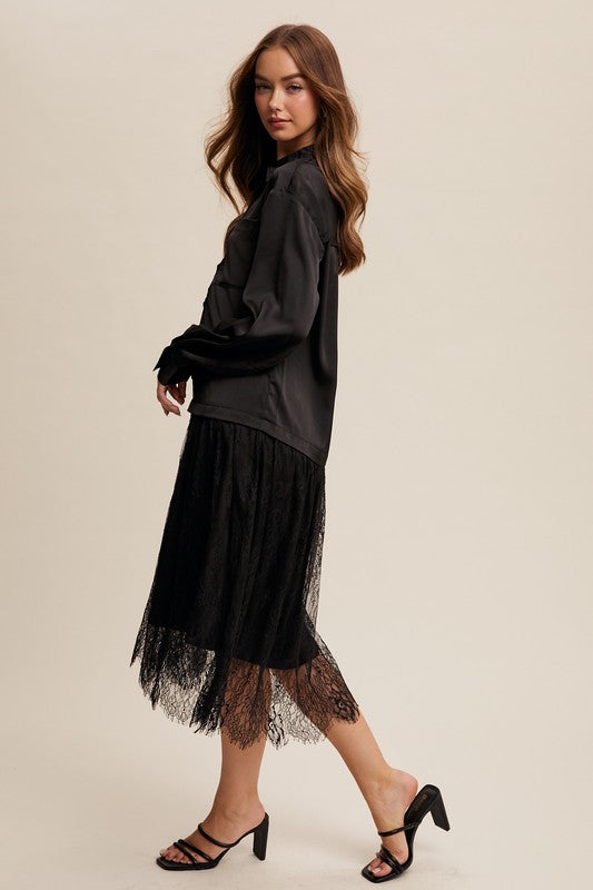 Button Down Lace Tunic - Black