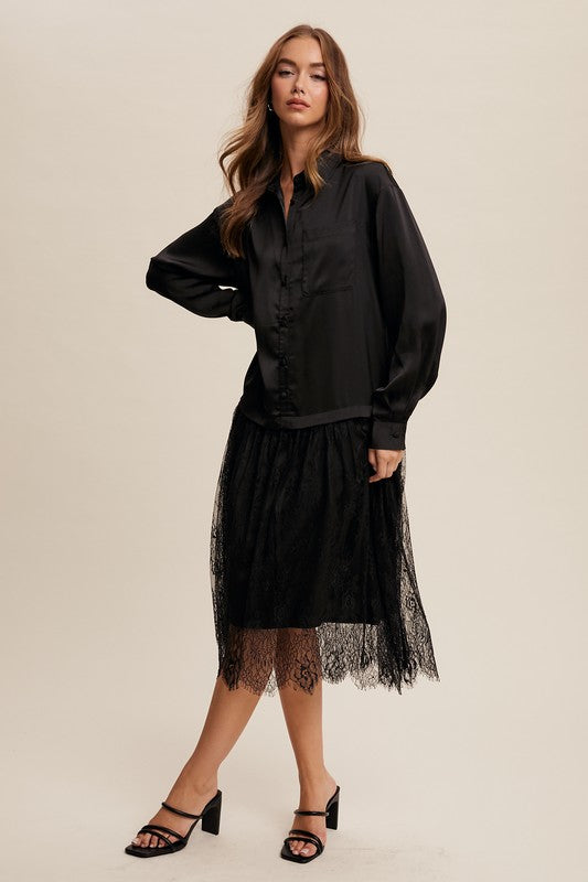 Button Down Lace Tunic - Black