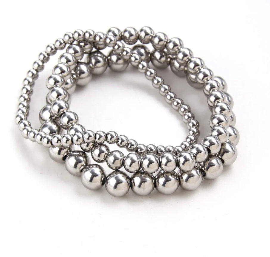 Silver Ball Stackable - Beaded Bracelet (Large)